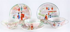 Lot 12: 6 Pcs. Green Rim Japanese Geisha Cups & Saucers