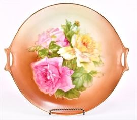 Lot 32: Pink & Yellow Roses Pierced Double Handle Plate