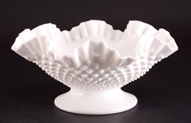 Lot 40: Hobnail Milk Glass Ruffled Edge Footed Bowl