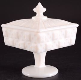 Lot 39: Old Quilt Milk Glass Footed Candy Dish w/Lid