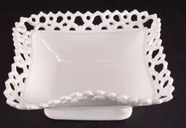 Lot 41: Milk Glass Crocheted Edge Rectangular Footed Bowl