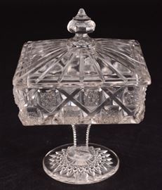 Lot 38: Old Quilt Clear Glass Footed Candy Dish w/Lid