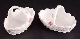 Lot 42: 2 Milk Glass Split Handle Hand Painted Baskets