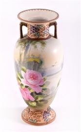Lot 59: Nippon Hand Painted Lake Scene & Pink Roses Vase