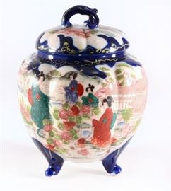 Lot 76: Blue Rim Japanese Geisha 3 Footed Jar w/Lid