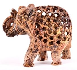 Lot 84: Carved Brown Mottled Stone Elephant Mother & Baby