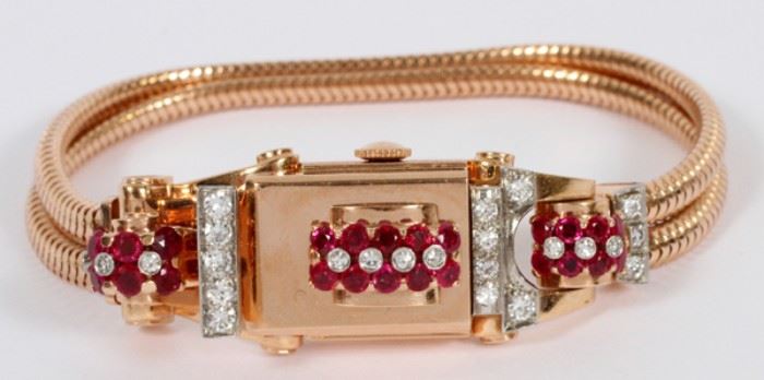1CT RUBY, .50CT DIAMOND AND 14KT ROSE GOLD LADY'S WRISTWATCH, L 7"
Lot # 0006 
