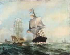 SIGNED, OIL ON CANVAS, 1914, H 47", W 62", CLIPPER SHIPS
Lot # 0011 