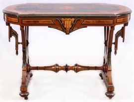 VICTORIAN RENAISSANCE REVIVAL INLAID, EBONIZED, GILT-INCISED WALNUT OCCASIONAL TABLE, C1870, H 29", L 44", D 27"
Lot # 0020 