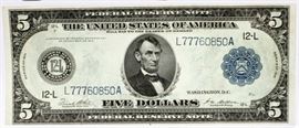 U.S. $5.DOLLAR LG-FEDERAL RESERVE PAPER CURRENCY NOTE #L-77760850-A /#12-L, BLUE SEAL, 1914 (1) 'ABRAHAM LINCOLN'
Lot # 0255 