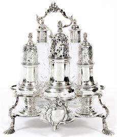 GEORGE III STERLING CRUET SET BY SAMUEL WOOD, 1765, H 10"
Lot # 1033 