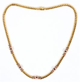 5CT NATURAL RUBY, 1.50CT SAPPHIRE, 1.30CT DIAMOND AND 18KT YELLOW GOLD LINK NECKLACE, L 29"
Lot # 2056 