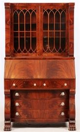 EMPIRE STYLE FLAME MAHOGANY SECRETARY, C. 1900, H 70", W 40", D 21"
Lot # 2091 