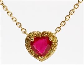 166CT NATURAL RUBY AND .85CT FANCY YELLOW DIAMOND HEART NECKLACE, L 17 3/4", GIA
Lot # 2116 