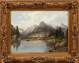 KARL KAUFMANN OIL ON CANVAS LAID ON BOARD, LATE 19TH C., H 29.5" W 30.5", LAKE LANDSCAPE WITH MOUNTAINS
Lot # 2163 