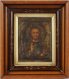 RUSSIAN ICON OIL ON WOOD WITH SILVER AND VERMAIS, 19TH C., H 9", W 7", CHRIST PANTOKRATOR
Lot # 2271 