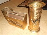 BRASS UMBRELLS HOLDER, MAGAZINE HOLDER AND WASTE BASKET.