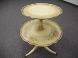 DELIGHTFUL TWO TIERED TABLE W/FLORAL GRAPHICS. MADE IN GRAND RAPIDS MICHIGAN
