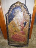 UNIQUE CHALKWARE ITEM, PIECE FEATURES LADY IN SPANISH STYLE DRESS RELEASING A DOVE.