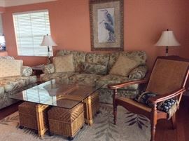 Livingroom Furniture. Sofabed, Loveseat, Coffee Table with 4 stools, Large Wooden Rattan Hemingway-style Chair, Floor Lamps, Rugs, Artwork, etc.