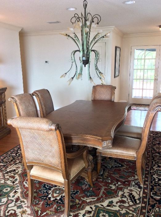Dining Room Table and Chairs. 78" L x 45" W with 8 Chairs. Beautiful Chandelier.