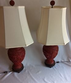 Pair of Cinnabar Lamps. 30" H.