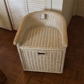 White Wicker Seat with Clothes Hamper.