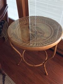 Great Blue Heron Wood Side Table with Glass Top. 