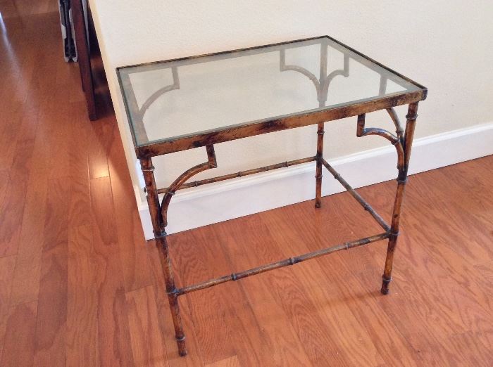 Metal Bamboo and Glass Top Table. 22" x 17" x 22". 
