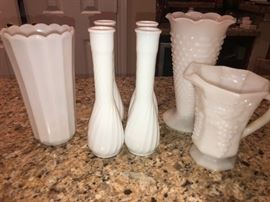 Milk glass vases and pitcher 