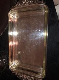 silver plated casserole dish tray with glass baking dish