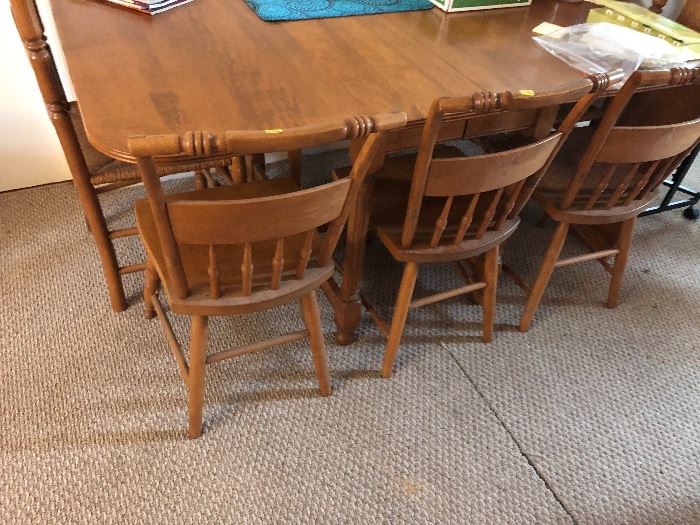 S Bent and Bros solid maple table with 6 chairs and 1 leaf 