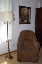 Swivel Barrel Style Easy Chair shown with Brass Floor Lamp