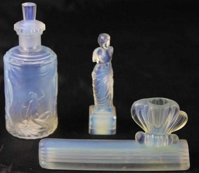 Sabino Paris France Opalescence Art Glass:( SOLD Frivolites Perfume Bottle Nude Female Figures 4 1/8",  Venus De Milo Figure) and Honey Bee Knife Rest