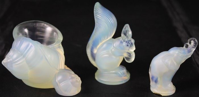 Sabino Paris France Opalescence Art Glass: (SOLD ! Nautilus Shell Vase , Squirrel) and miniature Elephant Figurine