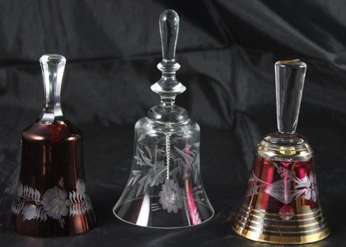 Ruby cut to Clear Crystal Bell, Etched Cut Crystal Bell and (SOLDGold Trim Ruby Cut to Clear Crystal Bell)