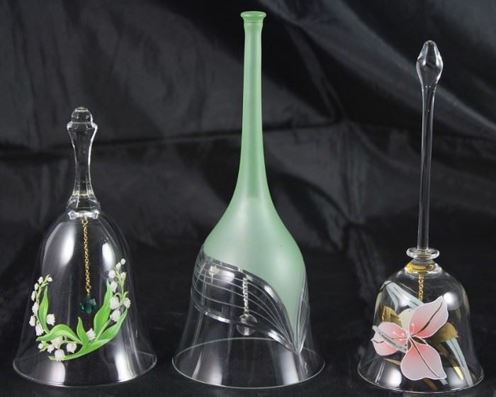 Blown Glass Bells:  Lily of the Valley , Green Satin Glass Cut Carly Lily Style and Pink Lily Painted Bell