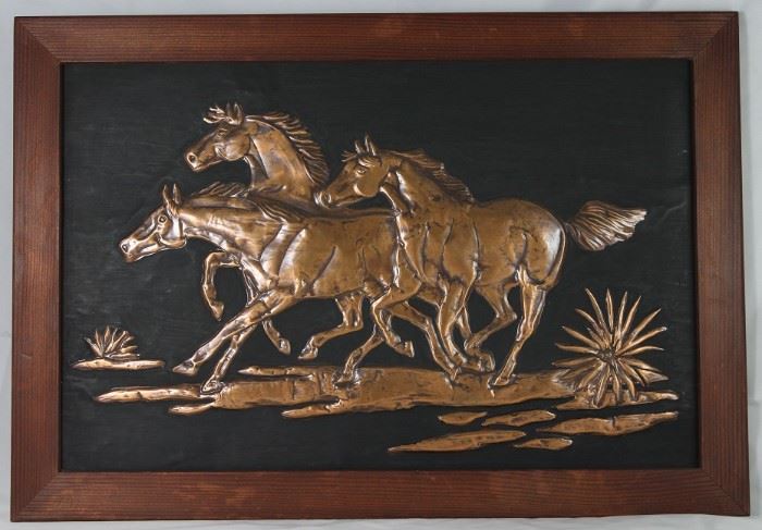 Vintage Mid-Century Embossed Copper "Running Horses" Framed Wall Plaque