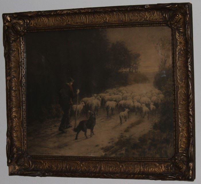 Antique Framed Artist Print "Return of the Flock" Shepherd herding sheep in Original Antique Gilded Frame