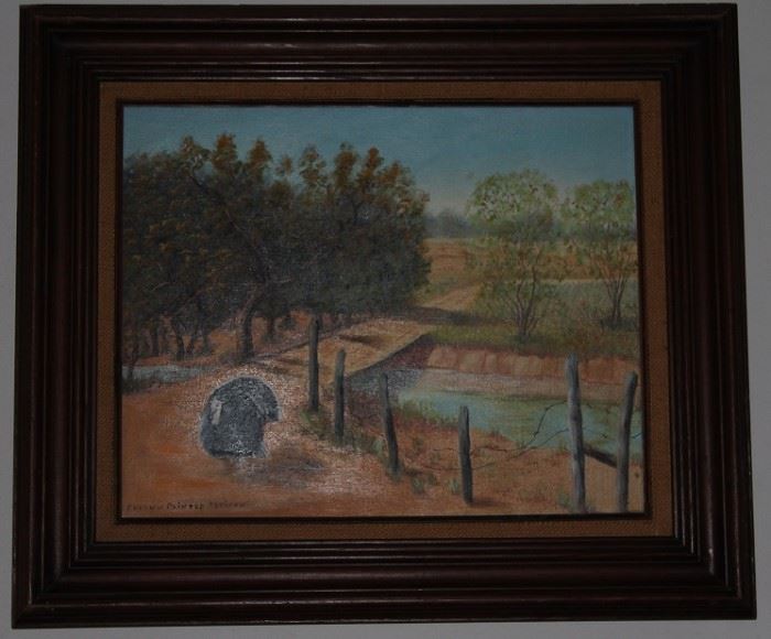 Original Framed Oil on Canvas (22" x 18") by Artist  Evelyn Painter Ackison. Country Landscape with Tom Turkey (Overall 27.5" x  23.5")