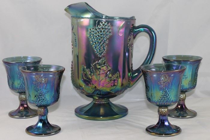 Indiana Glass Co. "Harvest Grape" Footed Pitcher and 4 Goblets