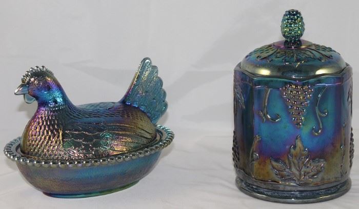 Indiana Glass Co.  Hen on Nest Covered Dish and "Harvest Grape" Biscuit Jar/Canister