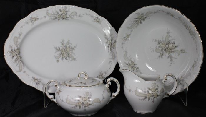 Ucagco, "Serenity" Serving Pieces:  Platter, Vegetable Bowl, Sugar Bowl w/Lid and Creamer 