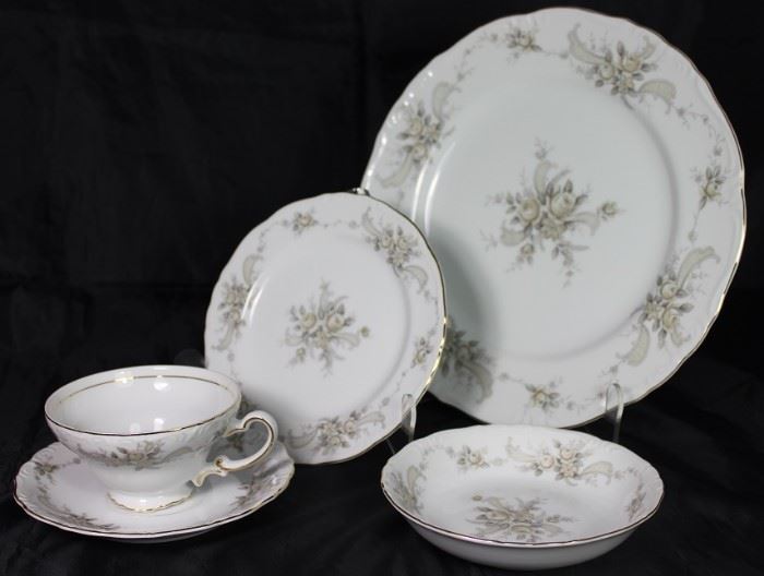 Ucagco, "Serenity" 5 Piece Place Setting, Service for 8:  Dinner Plate, Bread & Butter Plate, Dessert Bowl,  Cup and Saucer