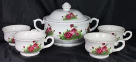  Earthenware Rose Pattern Chili/Bean/Soup Tureen with 4 Mugs