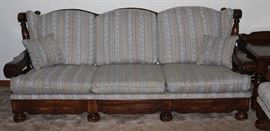 Dark Pine 1970's Era Winged Back Wood Frame Sofa