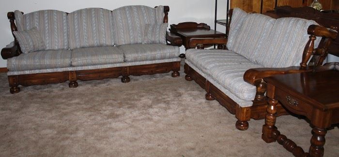 Vintage 1970's Dark Pine Wood Frame Sofa and Love Seat with 2 End Tables and Coffee Table & Chair (Not Shown).   6 piece Living Room Suite.