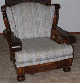 Dark Pine 1970's Era Winged Back Wood Frame Easy Chair.  Part of the six piece living room suite.