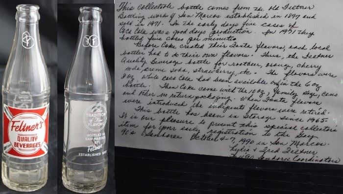 Feltner's Soft Drink Bottle Unused Bottle with Personal Note about Bottle from Heir to factory in San Marcos Tx