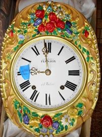 GORGEOUS!!! French, ANTIQUE 19th Century( Late 1880's), Hand Painted Tin, Embossed Clock,,2 Tubes Weights, Hand Painted Pendulum 